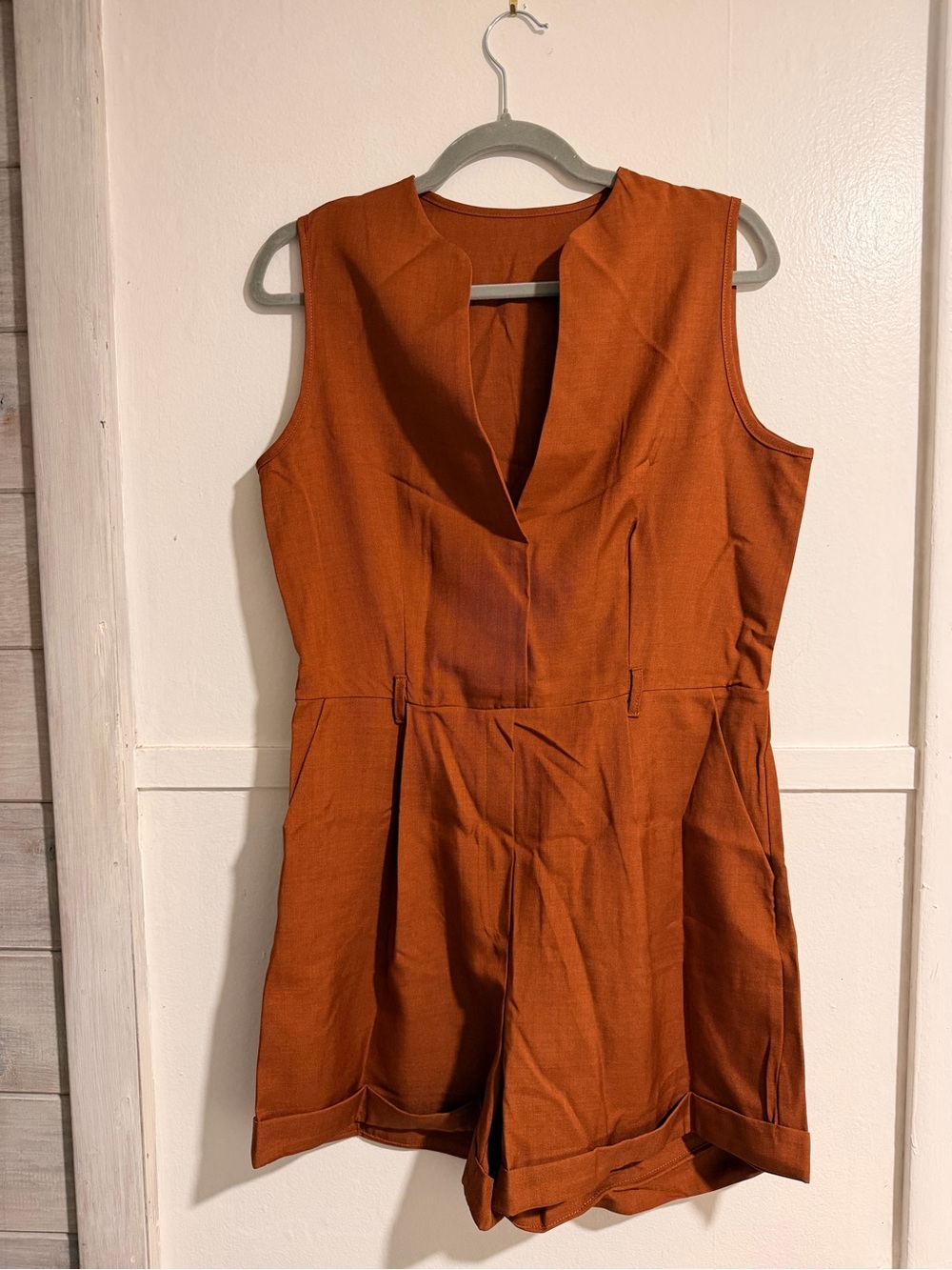 Sleeveless Rust Orange V-Neck Romper Dress